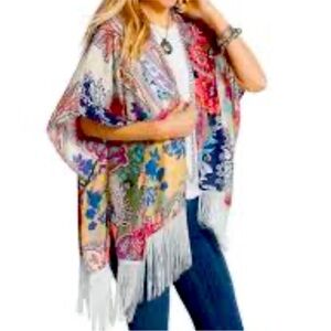 Chicos Ella Paisley  Fringed Ruana Multicolor Silky-L/XL- silk , nodal blend